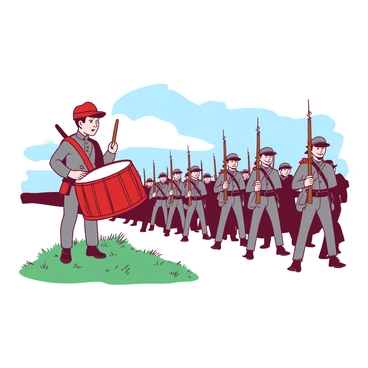 A red Confederate drummer boy is energetically playing his drum while standing on a grassy knoll. He wears a traditional gray uniform and a cap, with a determined expression on his face. Surrounding him, a line of soldiers in gray uniforms march in formation, their rifles held at attention. The soldiers are focused and disciplined as they move past the drummer boy, who provides a rhythmic beat for their march. In the background, the sky is a pale blue, casting a calm light over the scene.