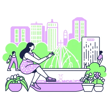 A girl is sitting on the edge of a city fountain. She has long hair flowing down her back and is wearing a summer dress with vibrant patterns. She is playfully dipping her fingers into the water, sending small ripples across the surface. The fountain is elaborately designed, with water jets shooting up in various patterns. Surrounding the fountain, there are several potted plants, including flowers in full bloom. In the background, tall buildings create a cityscape, and there are a few people walking on the path nearby.