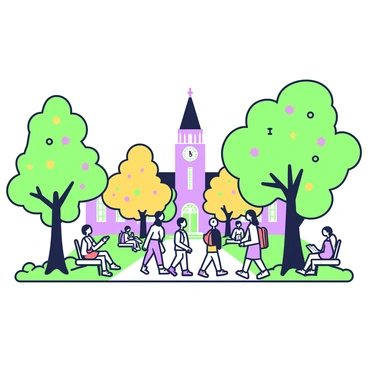 A college campus is depicted with a variety of buildings in the background. In the foreground, several students are walking along a path, engaged in conversations and carrying backpacks. Tall autumn trees with vibrant leaves are on either side of the path, creating a natural canopy. Some students are sitting on benches under the trees, reading or studying. The ground is covered with fallen leaves, contributing to the autumn atmosphere. A large clock tower is visible in the distance, adding to the architectural charm of the scene.