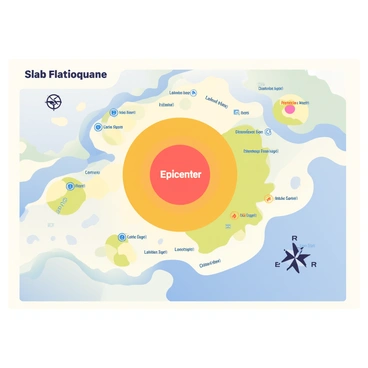A large, detailed map is displayed prominently, showcasing a fictional region affected by an earthquake. In the center, there is a clearly marked "epicenter" with a bright red circle indicating its location. Surrounding the epicenter, various colored intensity zones are drawn; the zones transition from deep red indicating "severe" intensity to orange for "moderate," yellow for "light," and green for "minor." Each zone is labeled with its intensity level in clear font. Additionally, there are small icons of seismic waves radiating from the epicenter. The map includes topographical details such as mountains and rivers, with a compass rose in the corner indicating direction.