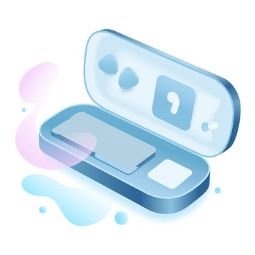 A sleek case is positioned on a smooth surface, showcasing an array of cutting-edge gadgets and tech accessories. Inside the case, there are neatly arranged items such as a compact smartphone, a pair of wireless earbuds, and a portable power bank. The case itself features a glossy finish with a modern design, and subtle organizational slots for each gadget. Soft gradient pastel colors fill the background, enhancing the high-tech appearance of the scene.