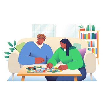 Two friends are sitting at a wooden coffee table in a cozy living room, actively solving a colorful jigsaw puzzle together. One friend has curly brown hair and is wearing a blue sweater, while the other friend has straight black hair and is dressed in a green hoodie. The puzzle pieces are spread across the table, showcasing vibrant images of animals and nature. A large, soft beige sofa is positioned in the background, adorned with colorful cushions. To the side, a bookshelf filled with various books and plants adds warmth to the scene, while a window allows natural light to fill the space.