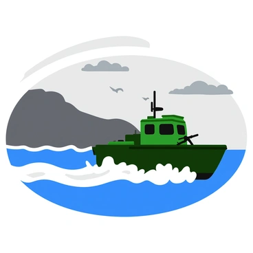 An army patrol boat is cruising along a rugged rocky coastline. The boat is a deep green color, equipped with various military features, such as a mounted machine gun and camouflage paint. The waves form white frothy crests as they crash against the jagged rocks lining the shore. Above, the sky is filled with gray clouds, creating a dramatic backdrop. The boat leaves a trail of splashing water as it moves swiftly through the sea, while seagulls can be seen flying overhead, adding life to the scene.