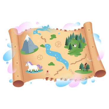 A treasure map is spread out, featuring intricate details and markings. The map includes various mysterious landmarks such as a tall, jagged mountain, a winding river, and a dense forest filled with trees. Scattered across the map are depictions of mythical beasts, such as a dragon coiled around a rock and a unicorn standing near a sparkling pond. The edges of the map are adorned with decorative compass roses and banners. The background is filled with gradient pastel colors that enhance the enchanting atmosphere of the treasure map.