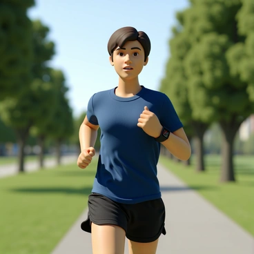 A person with light skin and short brown hair is jogging in a park. They are wearing a fitted blue athletic shirt and black running shorts. On their wrist, there is a sleek smart health monitor wristband that displays various metrics. The park has lush green grass, tall trees lining the path, and a clear blue sky in the background. The person's expression shows determination as they focus on their run.
