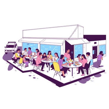 A white highway-side restaurant is bustling with activity as travelers enjoy their meals at outdoor tables. Various groups of people, including families and solo diners, are seated at the tables, engaged in lively conversation. The restaurant's exterior features large windows that reflect the surrounding scenery. Some diners are holding colorful drinks, while others are sharing plates of food. Vehicles are parked nearby, and a few travelers can be seen walking towards the entrance. The atmosphere is vibrant and filled with the sounds of laughter and clinking cutlery.