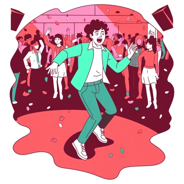 A teal person wearing a casual outfit is dancing joyfully on a vibrant red crowded dance floor. The person's expression shows a mix of surprise and happiness as they break out into dance amidst a variety of colorful partygoers surrounding them. Bright lights illuminate the scene, highlighting the movement of the dancers and the energetic atmosphere. Confetti falls gently from above, adding to the festive ambiance of the moment.