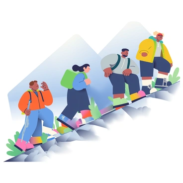 A group of four hikers with diverse appearances is climbing a steep, rocky trail. Each hiker is wearing sturdy boots suitable for rugged terrain. The first hiker has short brown hair and is wearing a bright orange jacket, gripping a walking stick. The second hiker, a woman with long black hair, is wearing a green backpack and a blue sweater, looking up at the trail ahead. The third hiker, a man with a beard, is dressed in a grey shirt and dark pants, taking a moment to catch his breath. The fourth hiker, a young woman with curly hair, is wearing a red cap and a yellow raincoat while confidently navigating the rocks. The trail is lined with sparse vegetation and the background reveals towering mountains under a clear blue sky.