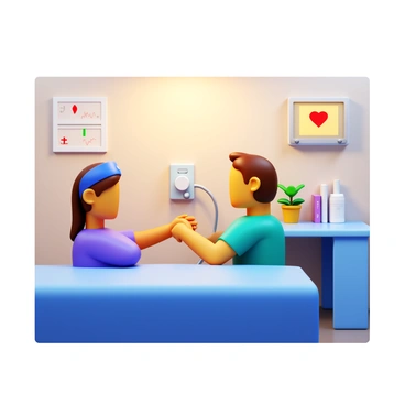 A nurse in scrubs taking a patient's pulse. The nurse is focused, with a gentle expression. There is a heart rate monitor displaying the pulse readings in the background. The clinic has warm lighting, and soft colors create a cozy atmosphere. Medical equipment is neatly organized on a nearby table. A plant in a pot adds a touch of greenery to the scene.