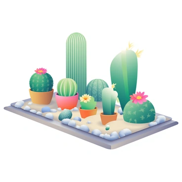A variety of cacti in different shapes and sizes is arranged in a meticulously designed garden layout. There are tall, columnar cacti with ribbed surfaces standing prominently among smaller, round cacti adorned with vibrant flowers. The garden features a mixture of textures, from smooth-skinned cacti to those with spines and rough exteriors. Each cactus is placed in a decorative pot, with a sandy soil base visible. Surrounding the cacti are small pebbles scattered on the ground, providing a clean and organized appearance, while a few decorative stones are artfully positioned to enhance the layout. The scene is illuminated by soft natural light, highlighting the unique colors and shapes of the cacti.