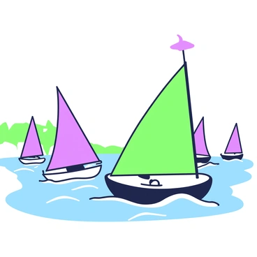 A lively sailing regatta is taking place off the coast of Normandy. Several sailboats are cutting through the water, each boasting vibrant sails that catch the wind. The sky above is clear, providing a bright backdrop for the event. In the foreground, a large sailboat with a prominent green sail is leaning to one side as it moves swiftly forward. Nearby, a smaller boat with a purple sail is racing closely alongside. The waves are creating gentle ripples, adding to the dynamic atmosphere of the competition. In the distance, the silhouette of the Normandy coastline is visible, featuring cliffs and a few scattered structures along the shore.