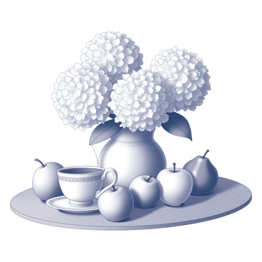 A still life composition featuring hydrangeas, fruits, and a vintage teacup on a table.