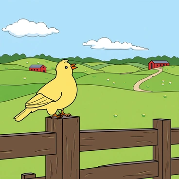 A small, bright yellow finch is perched on a rustic wooden fence post, its feathers fluffed slightly in the gentle breeze. The fence post is weathered, with splinters and patches of dark brown paint. In the background, a sprawling countryside farm stretches out, featuring rolling green fields dotted with patches of wildflowers. There are a few barns painted red, and a winding dirt path leads through the fields. A clear blue sky filled with fluffy white clouds creates a peaceful atmosphere. The finch looks curiously over the landscape, its tiny beak slightly open and eyes bright.