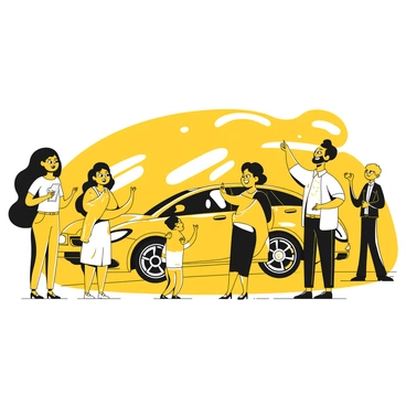 A family of four, consisting of two adults and two children, stands in a car dealership. The parents are engaged in a lively conversation, pointing at different cars on display. One adult holds a brochure, while the other gestures toward a sleek black sedan. The children, a boy and a girl, are excitedly looking at a yellow SUV nearby. The showroom features several cars, with bright lighting highlighting their shiny exteriors. A sales representative stands nearby, observing the family with a welcoming smile.