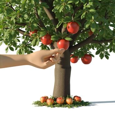 A right hand picking ripe fruit from a tree in an orchard.