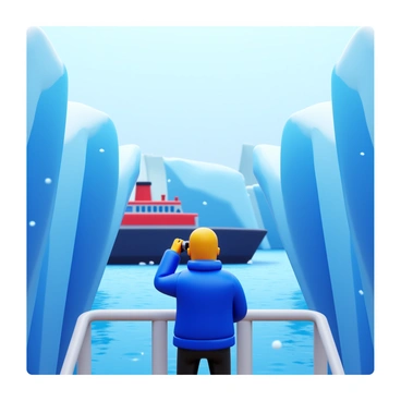 A captain wearing a thick, insulated winter jacket stands on the bridge of an icebreaker ship. The ship is positioned amidst large, jagged ice sheets that tower around it. The captain is observing the icy landscape through binoculars, with determination on their face. The sky above is overcast, casting a cool blue light over the scene. In the background, the powerful bow of the icebreaker ship is visibly breaking through the ice, sending shards flying. Snow is lightly falling, adding to the stark, icy environment.