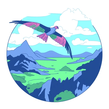 A prehistoric bird with vibrant feathers is soaring high in the sky above a vast, untouched landscape. The bird's wings are outstretched, showcasing a blend of intricate patterns. Below, the landscape stretches endlessly, dotted with lush green valleys and rocky hills. In the distance, towering mountains rise against the horizon, their peaks partially shrouded in mist. The sunlight illuminates the scene, casting shadows across the terrain, creating a dramatic contrast between the bird and the natural beauty below.