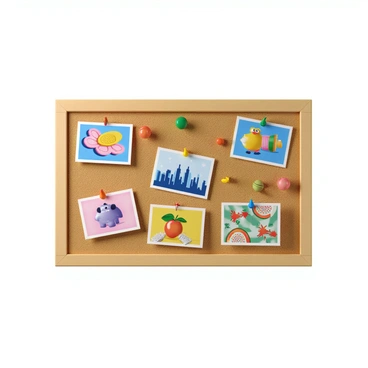 A collage of small illustrations pinned to a corkboard, each in a unique style