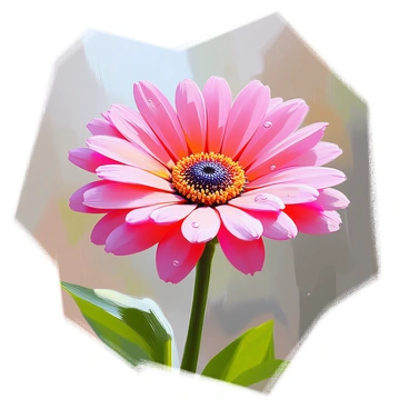 A vibrant gerbera daisy with bright pink petals is positioned prominently in the image. Raindrops are delicately resting on the velvety surface of each petal, reflecting light and creating a shimmering effect. The flower's green leaves are visible at the base, contrasting beautifully with the vivid petals. The background features a soft blur of greens and browns, suggesting a natural environment that enhances the freshness of the daisy after rain.