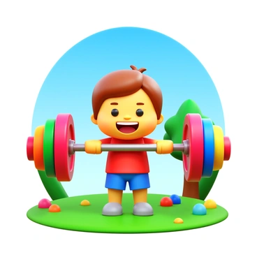 A child with short brown hair is mimicking a deadlift using a colorful toy barbell. The child is wearing a bright red t-shirt and blue shorts, smiling as they bend slightly at the knees. The toy barbell is oversized and features colorful weights on each side. The playful setting includes a soft, grassy lawn with scattered toys and a vibrant blue sky overhead. In the background, there is a small tree providing shade, enhancing the cheerful atmosphere of the scene.