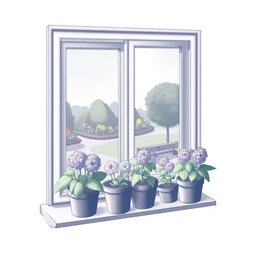 A window with a white-painted frame, adorned with several potted geraniums displaying clusters of distinct flowers. The pots are arranged neatly on the windowsill, showcasing lush green leaves. Beyond the window, a garden is visible, featuring neatly trimmed grass and various plants including roses and sunflowers. The garden appears well-maintained, with a path winding through it, leading to a small wooden bench situated under a tree. The overall scene suggests a calm and inviting outdoor space.