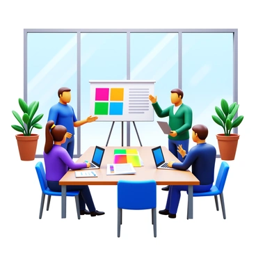 A marketing team presenting ideas to clients in a bright, modern office. The team consists of four people, two men and two women, standing around a large table covered with colorful presentation materials and laptops. One man is holding a tablet and gesturing towards a large screen displaying a vibrant graph. The women are taking notes and interacting with the clients, who are seated across from them, showing interest and engagement. The office features large windows allowing natural light to flood in, with contemporary furniture and decorations that add to the modern atmosphere. In the background, a potted plant adds a touch of greenery to the space.