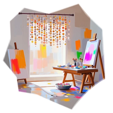 A curtain made entirely of shiny coins, each reflecting the light, hangs from a sturdy rod in an artist's studio. The coins dangle at varying lengths, creating a shimmering effect as they sway slightly in the air. In the background, there are splatters of paint on the wooden floor and various art supplies scattered around. The walls of the studio are lined with canvases in different stages of completion, showcasing a vibrant array of colors. A worktable covered with brushes, paint tubes, and a palette is positioned nearby, adding to the creative atmosphere of the space.