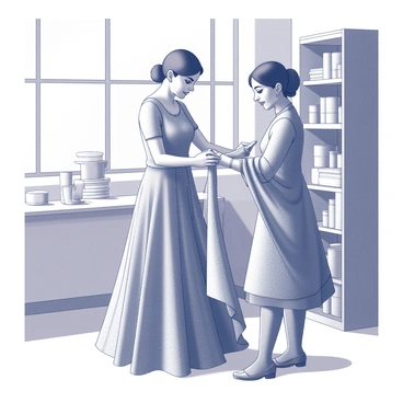 A tailor is measuring a customer wearing a lehenga. The tailor stands beside the customer, holding a measuring tape, while the customer holds the fabric of the lehenga to assess the fitting. The boutique has shelves filled with various fabrics and sewing supplies in the background. Soft light filters through a window, casting gentle shadows across the room. The atmosphere suggests a warm and welcoming environment for personal service.