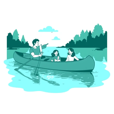 A teal large wooden canoe is floating on a calm lake. Inside the canoe, a family of four is paddling together. The father is sitting at the back, holding a paddle with determination. The mother sits in the middle, smiling, while two children are at the front, giggling as they splash water playfully. The lake reflects the surrounding trees and sky, creating a beautiful peaceful scene.