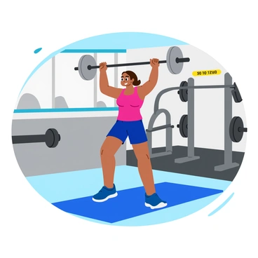 A fitness instructor performing "skull crushers" in a workout video. The instructor is wearing a fitted, bright-colored tank top and athletic shorts. They are positioned on a blue exercise mat with a barbell in hand, arms extended above their head. The background features a modern gym setting with various workout equipment, including weights and benches. A digital timer is visible in the upper corner of the screen, showing the duration of the exercise. The instructor's focused expression conveys concentration as they demonstrate the movement.