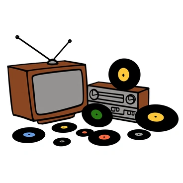 An old television with a wooden frame sits next to a vintage stereo, both items showing signs of wear. The television screen is dusty, and the knobs on the stereo are slightly tarnished. Scattered around them are several vinyl records, some of which are partially out of their sleeves. The records have colorful labels, and a few are leaning against the stereo. The setting evokes a nostalgic atmosphere of a retro living room.