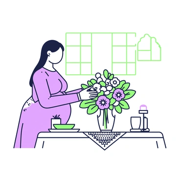 A pregnant lady is standing at a dining table, carefully arranging a bouquet of flowers. She has long hair tied back and is wearing a comfortable dress that highlights her pregnancy. The bouquet consists of various flowers, with green leaves interspersed. The dining table is set with a lace tablecloth, a vase in the center, and a couple of decorative candles on either side. Soft light streams in from a nearby window, illuminating her focused expression as she adjusts the arrangement to create a balanced look.