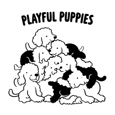 A cluster of labradoodle puppies snuggled together in a playful heap. The puppies are fluffy with wavy fur, displaying a mix of light and dark patterns. Their tiny paws and curled tails are intertwined, creating a cozy pile. Some puppies are playfully nudging each other, while others are resting peacefully. Soft shadows highlight the textures of their fur, creating depth in the illustration. "Playful puppies" is written above the group in a whimsical font.