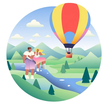 A couple is enjoying a hot air balloon ride high above a picturesque landscape. The hot air balloon is colorful, featuring a large, vibrant patchwork of red, yellow, and blue panels. The couple consists of a man with short brown hair wearing a white t-shirt and a woman with long blonde hair wearing a flowy sundress. They are both smiling and holding hands, looking out over the stunning view below. The landscape beneath them is dotted with rolling green hills, a winding river reflecting the sunlight, and clusters of trees in various shades of green. Fluffy white clouds are scattered across a bright blue sky, creating a sense of tranquility.