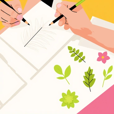 A close-up view of an artist's hands holding a pencil, meticulously sketching detailed botanical illustrations of various plants. The hands are positioned above a white sketchbook, showcasing intricate lines and shading. Several plant specimens, including a fern, a succulent, and a flower, are laid out beside the sketchbook, adding vibrancy to the scene. The artist's fingers are delicately poised, emphasizing concentration and precision in the work. The background is softly blurred, focusing the attention on the hands and the artwork being created.