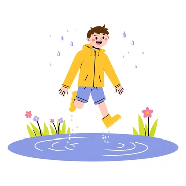 A cheerful boy wearing a bright yellow raincoat is jumping into a large puddle. The boy has short brown hair and is smiling widely, showing his excitement. Raindrops are falling gently from the sky, creating ripples in the water as he lands. Around him, green grass and a few colorful flowers can be seen, adding a lively touch to the scene. The boy's rainboots are splashing water everywhere, emphasizing his joyful leap.