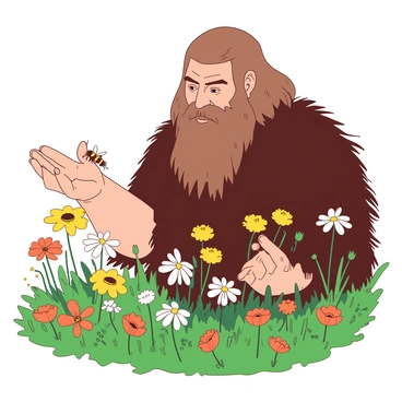 A large, burly figure of Beorn gently holds a small bee in his palm. His hand is open, displaying the bee delicately resting on his skin. Beorn's face shows a look of concentration and tenderness as he observes the bee. Surrounding him is a vibrant field filled with a variety of wildflowers in full bloom. The wildflowers include colors such as yellow daisies and orange poppies, creating a colorful contrast against the green grass. The scene captures the peaceful interaction between Beorn and the tiny creature, emphasizing a moment of harmony in nature.