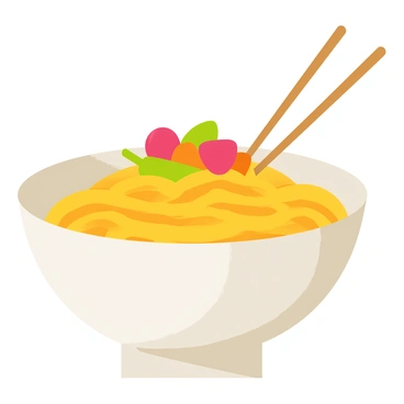 A white ceramic bowl filled with yellow noodles. The noodles are topped with a colorful assortment of vegetables, including green bell peppers, orange carrots, and bright red cherry tomatoes. Two wooden chopsticks are resting elegantly on the rim of the bowl, angled slightly. The background features a simple table surface, enhancing the focus on the bowl of noodles.