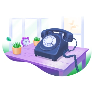 An old-fashioned rotary phone with a coiled cord is positioned prominently on a weathered wooden table. The phone is black with a shiny finish, showcasing its circular dial and metal finger stop. Sunlight casts soft shadows across the table, highlighting the texture of the wood. Small decorative items, like a vintage clock and a potted succulent, are placed nearby, adding charm to the scene. The background is softly blurred, drawing attention to the phone as the focal point of the image.