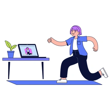 A person wearing athletic clothing is performing squats in front of a laptop. The individual has short hair and appears focused, with their arms extended in front for balance. The laptop is positioned on a low table, displaying a vibrant exercise class video. The background features a simple, tidy room with a yoga mat on the floor. A small potted plant is visible next to the laptop.