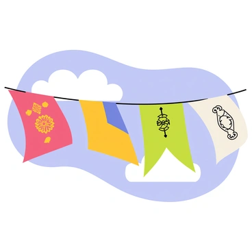 A collection of vibrant prayer flags in various colors, including red, blue, green, yellow, and white, is suspended on strings. Each flag features intricate symbols and patterns unique to different cultures, such as lotus flowers, mandalas, and traditional motifs. The flags are gently flapping and billowing in a light breeze against a clear blue sky, creating a dynamic and lively scene.