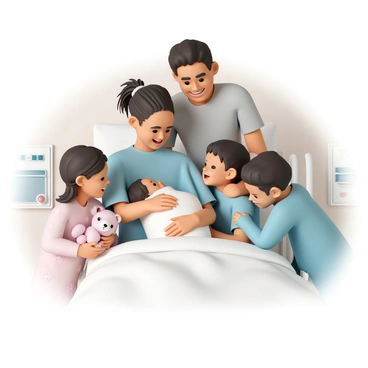 A family of four stands around a hospital bed, gazing lovingly at a newborn wrapped in a soft, white blanket. The parents, a mother in a light blue hospital gown and a father in a gray t-shirt, smile widely while holding the baby. The mother's hair is tied back, and she has a look of pure joy on her face. A young girl, wearing a pink dress with floral patterns, clutches a stuffed bear, while a boy in blue pajamas leans in closely with a big grin. The room is softly lit, with medical equipment visible in the background, creating a warm and welcoming atmosphere.