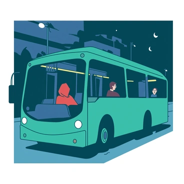 A teal bus is traveling down a dimly lit street, with only a few passengers sitting inside. The bus seats are mostly empty, except for a couple of weary individuals. One passenger is wearing a red hoodie, gazing out the window at the dark surroundings. The soft glow from the overhead lights creates a cozy atmosphere inside the bus. Outside, the street is illuminated by streetlamps casting pools of light, contrasting with the night sky. The bus is in motion, adding a subtle sense of movement to the scene.