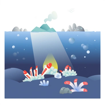 A hydrothermal vent is emitting steam and hot water in the foreground against a dark ocean floor. The vent is surrounded by various unusual marine life, including tube worms with bright red plumes and clusters of white coral. In the background, a mid-ocean ridge rises gently, with rocky formations and some scattered volcanic features visible. Bubbles of gas can be seen escaping from the vent, creating small ripples on the water's surface above. The overall scene features dark blue ocean depths contrasting with the bright colors of the marine life and the shimmering heat rising from the vent.