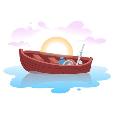 A lone fishing boat is gently floating on calm waters, surrounded by a smooth surface reflecting the colors of the early morning. The sky is filled with soft gradient pastel colors transitioning from light orange to pale pink as the sun begins to rise. The first light casts a warm glow over the scene, illuminating the boat's wooden hull and the fishing gear resting inside. Wispy clouds are scattered across the sky, echoing the pastel tones, and the horizon is barely visible, adding to the tranquil atmosphere.