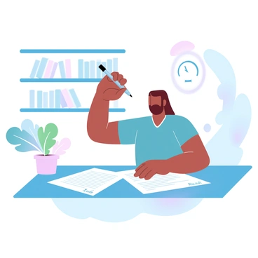 A person is seated at a desk in a bank, holding a pen above a loan agreement document that is spread out in front of them. The document features printed text and is adorned with decorative elements. The person's other hand is resting on the desk, with a focused posture suggesting concentration. In the background, there are shelves filled with financial books and several plants adding a touch of greenery to the setting. A small clock is visible on the wall, indicating the passing time.