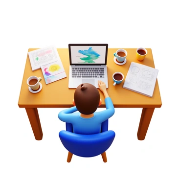 A freelance illustrator working at a laptop on a wooden desk. The laptop is open, displaying colorful artwork. There are multiple coffee cups scattered around, some half-full, and a few sketchbooks filled with drawings nearby. A soft light illuminates the workspace, casting gentle shadows. The illustrator is focused, with a pencil in hand, ready to create.