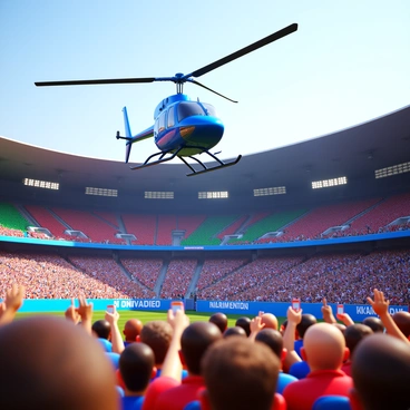 A KMAX helicopter hovering above a stadium event. The helicopter features a sleek design with its distinctive twin counter-rotating rotor blades. Below, a large crowd of spectators watches, their faces filled with excitement and anticipation. The stadium is filled with colorful seating, and banners can be seen waving in the breeze. Some spectators hold up their phones, capturing the moment. Bright lights illuminate the scene, adding to the vibrant atmosphere of the event.