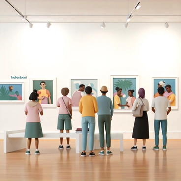 An art gallery interior filled with vibrant paintings on the white walls. Each painting showcases themes of diversity and inclusion, featuring various styles and color palettes. The gallery is well-lit, with soft lighting highlighting the artwork. There are people of different ethnicities and ages admiring the paintings, some taking notes, while others engage in discussion. The floor is polished wood, and there are benches for visitors to sit and reflect on the art. "Diversity" and "Inclusion" are displayed on a banner at the entrance of the gallery.