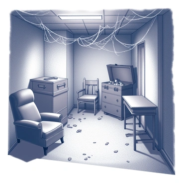 A dimly lit hotel basement filled with various pieces of old, worn furniture, including a faded armchair and a rickety wooden table. Dust is settled on surfaces, and cobwebs stretch across the corners of the room, clinging to the ceiling and furniture. Shadows loom in the corners, creating an eerie atmosphere. An old trunk sits against one wall, partially open and revealing forgotten items. The floor is uneven and scattered with debris, enhancing the sense of neglect in this forgotten space.